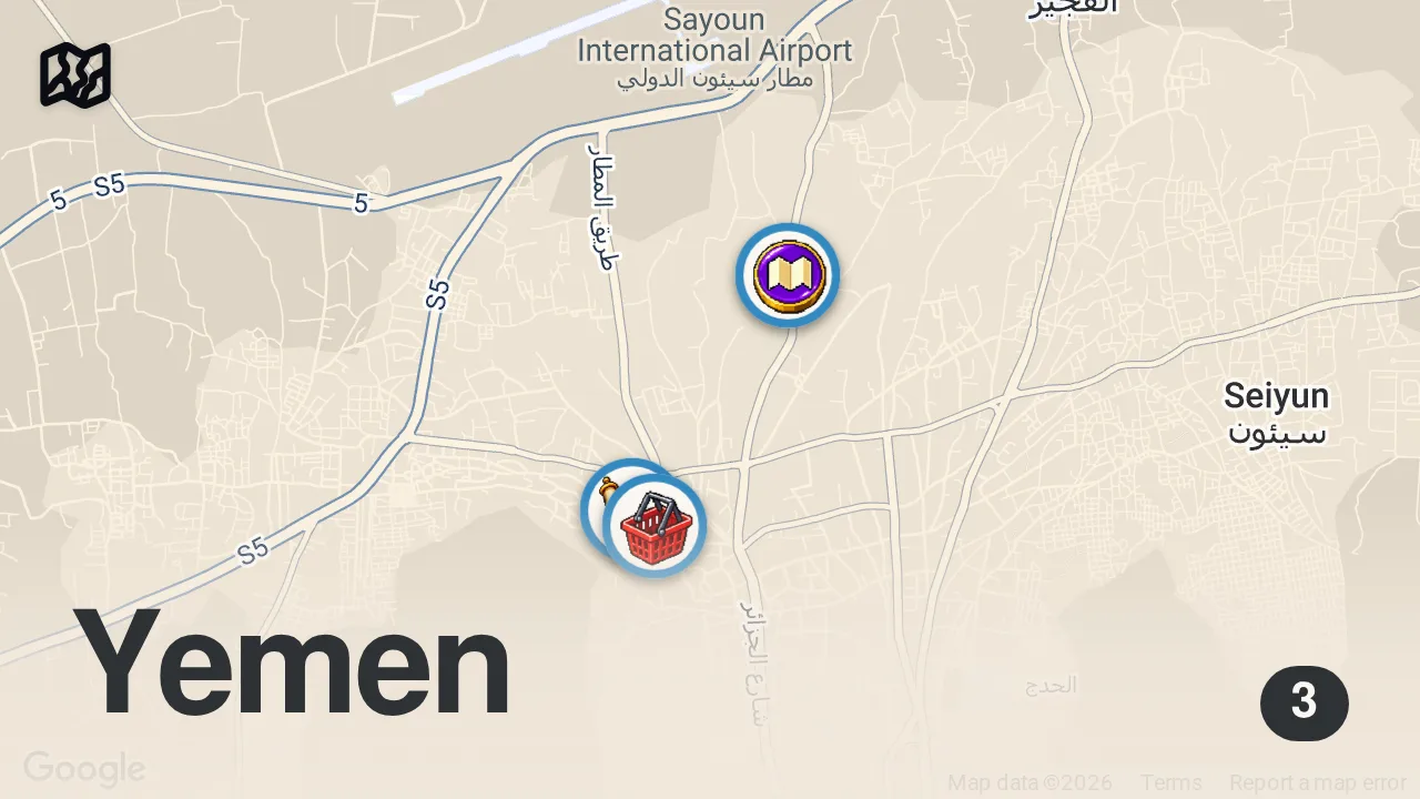 Map of 3 spots from Daily Lives Of The Poorest Nation In The Middle East - Hadhramaut, Yemen 🇾🇪 (surreal experience)
