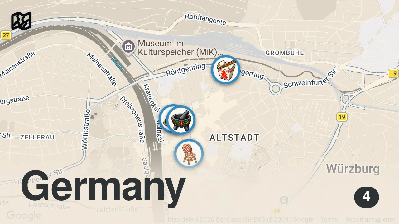 Map of 4 spots from Dieses Restaurant kennt keiner in Würzburg 🤫