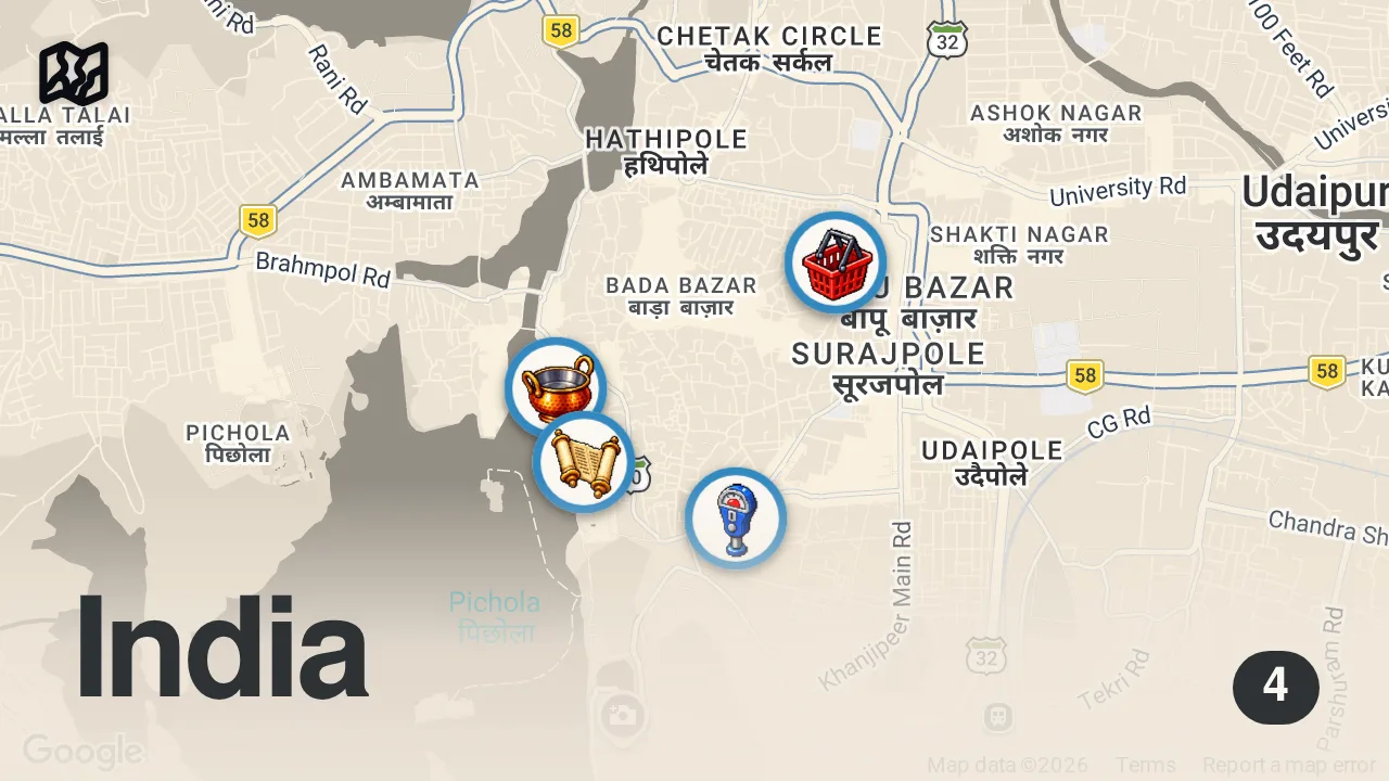 Map of 4 spots from Inside an INDIAN SPICE MARKET | Udaipur Rajasthan India Travel Vlog