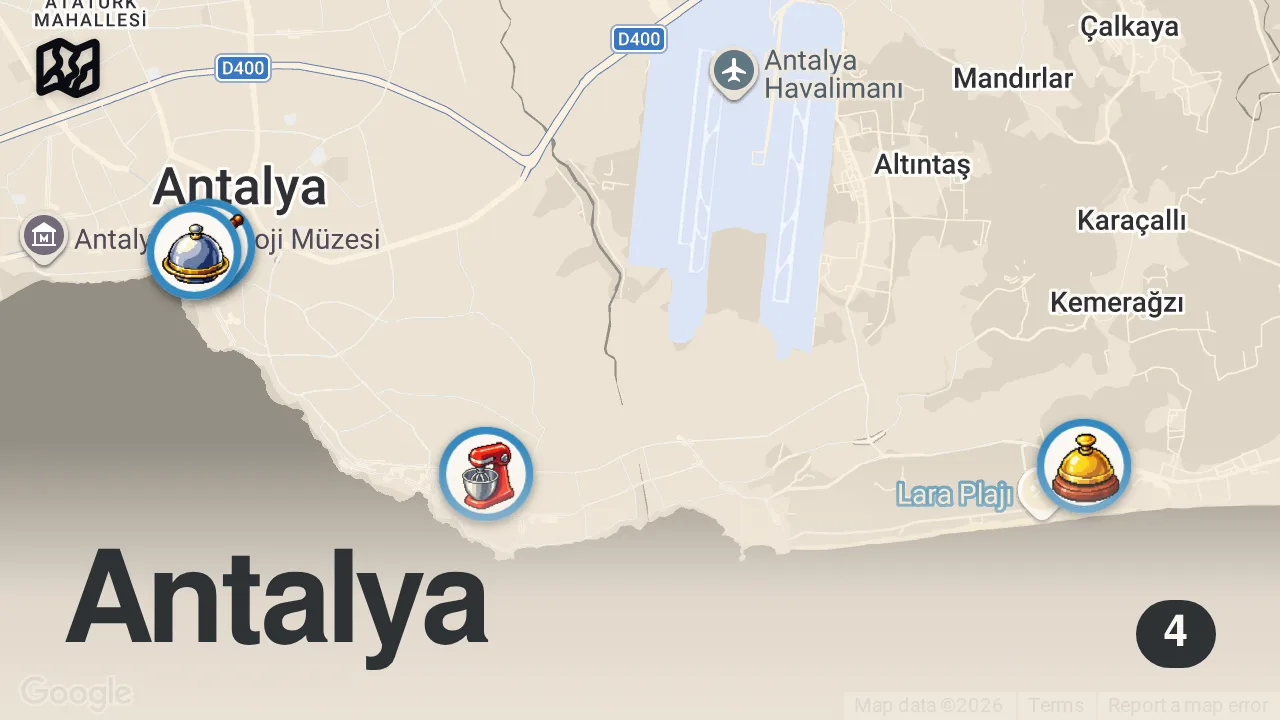 Map of 4 spots from ŞEHRİNİ GEZDİR | Antalya - Davar Torosico, Oğlak Tandır, Kelle Paça, Pretzel, Közde Piliç