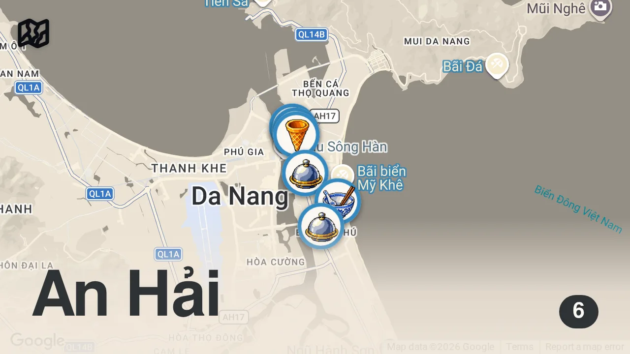 Map of 6 spots from WHOLE ROAST GOAT & DONALD TRUNG – Best Local Food in Da Nang 🇻🇳