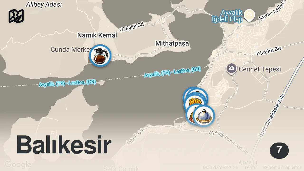 Map of 7 spots from Ayvalık'ta 48 Saat Yetmedi! Tost İçin Geldik, Hayran Kaldık. | YE İÇ YAT #9