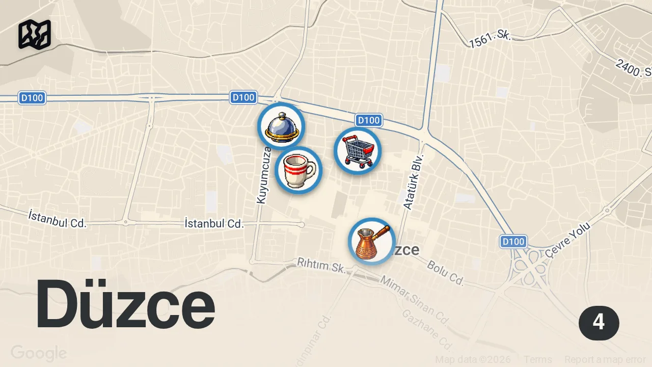 Map of 4 spots from Bu Şehir Sürpriz Çıktı! Düzce’nin Gizli Lezzetlerini Keşfettim