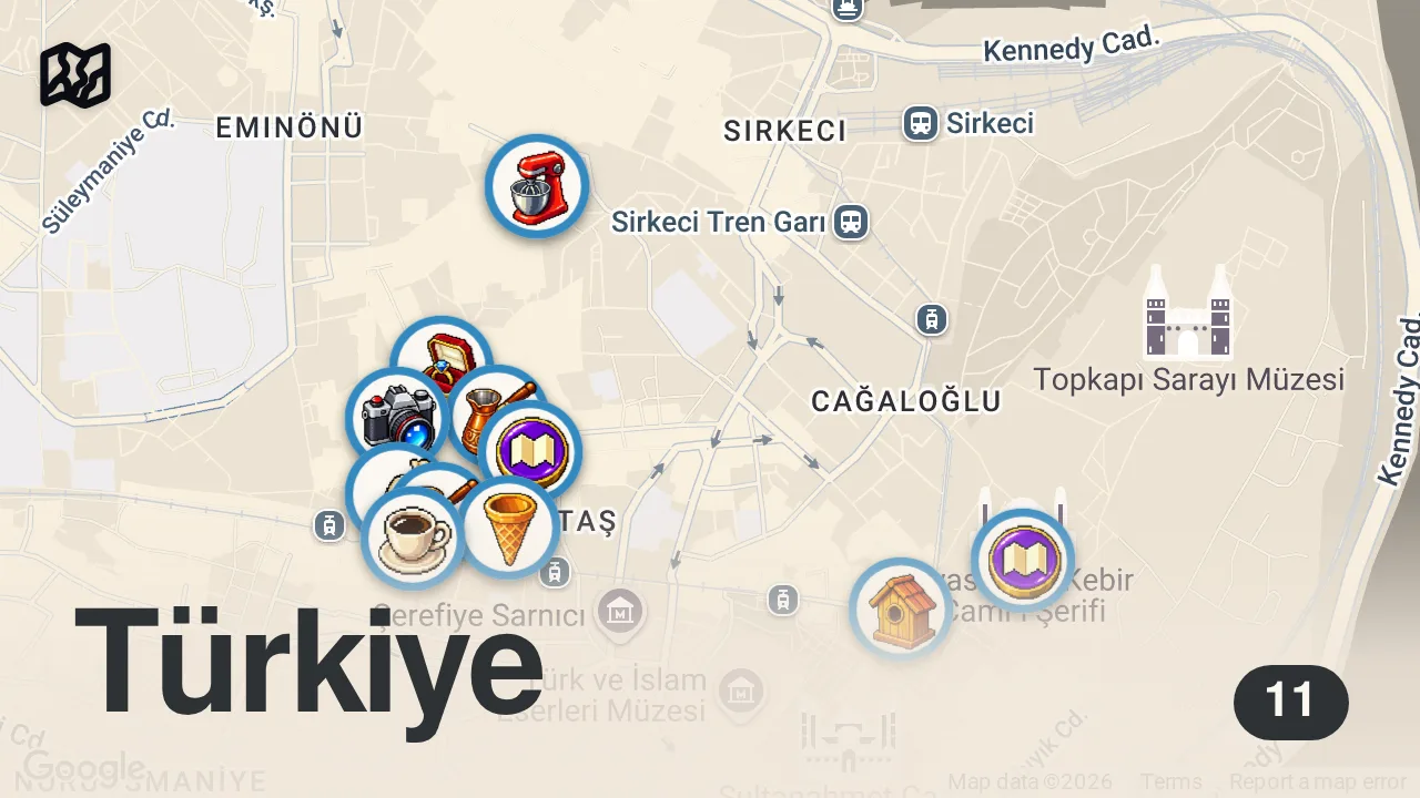 Map of 11 spots from Tarihi Yarımada Lezzetleri | Elmalı kurabiye, Kapalıçarşı turu, nokta atışı döner ve gizli tatlıcı!
