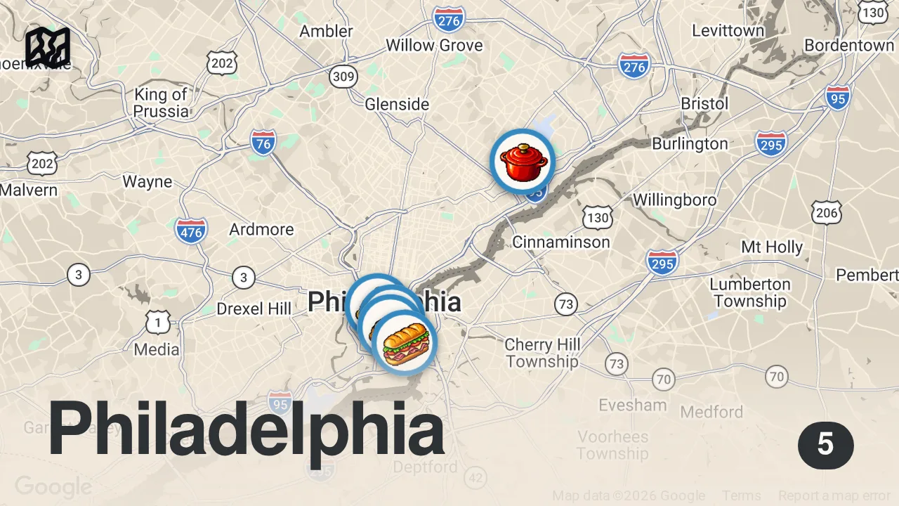 Map of 5 spots from Finding the Best Cheesesteak in Philly! | Asking Philly Locals | $14 vs. $140 Cheesesteak!