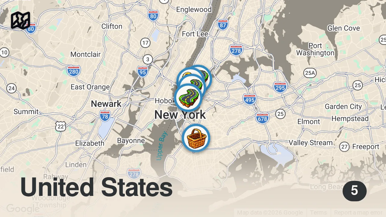 Map of 5 spots from 🇺🇸 NYC Heavy Rain Walk 4K ☔ Thunderstorm & Flash Flooding | Rainstorm Sounds
