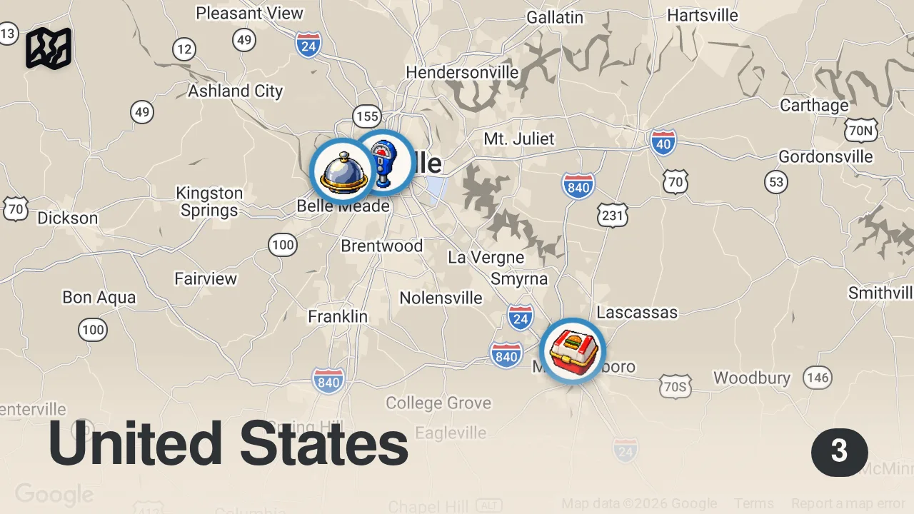 Map of 3 spots from Eating At SKETCHY Restaurants For 24 Hours... (Unbelievable) Part 5