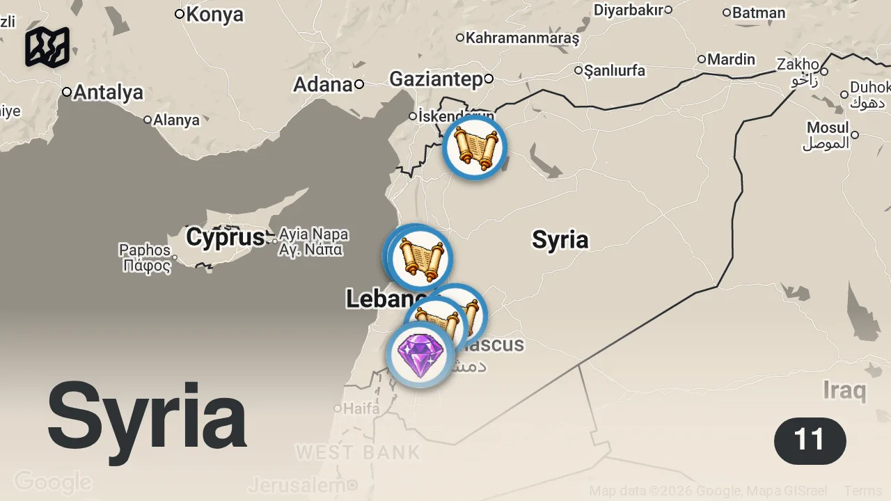 Map of 11 spots from Best STREET FOOD in Syria!! 31 Syrian Meals - Damascus to Aleppo!! [Full Documentary]