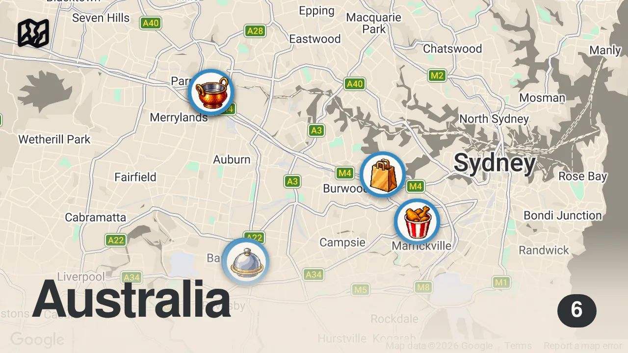 Map of 6 spots from I Tried the Best Food in Sydney, Australia!! (Here’s What You Have to Eat)