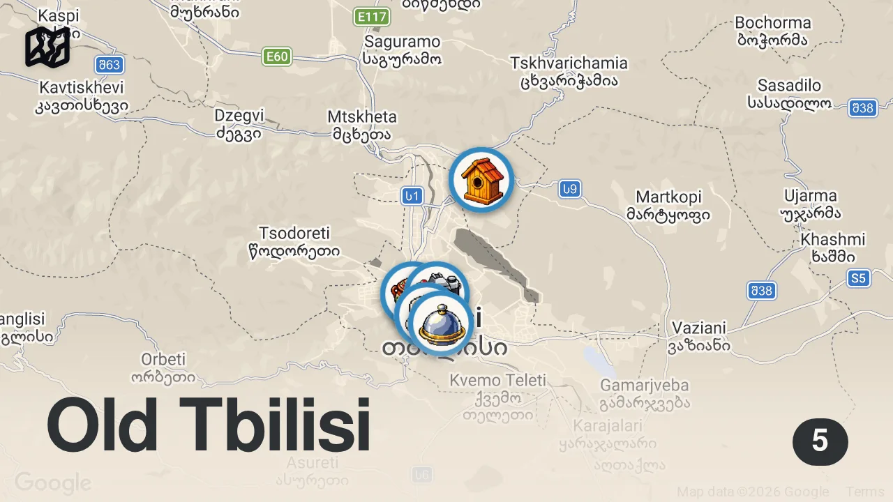 Map of 5 spots from Ultimate Georgian Food Tour!! 🇬🇪 TITANIC CHEESE BOAT + Market Tour in Tbilisi, Georgia!!