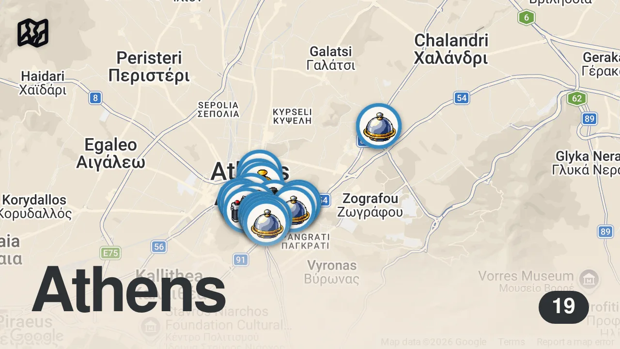 Map of 19 spots from ATİNA’DA NE YENİR? 🇬🇷 Sokak Lezzetlerinden Şef Restoranlarına 15 Nokta Atışı Öneri!