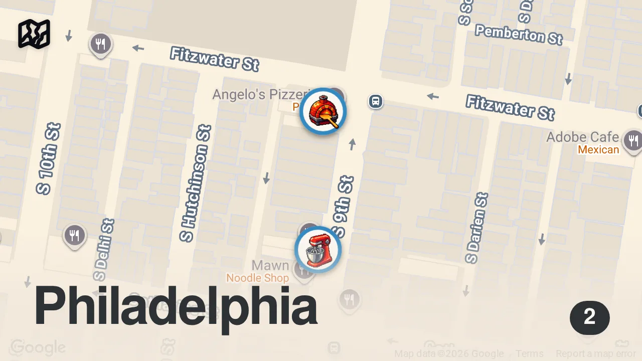 Map of 2 spots from Best Philly Food!! CHEESESTEAK NINJA, Grandma Pizza + Hoagies at Angelo's Pizzeria!