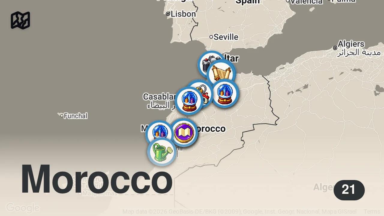 Map of 21 spots from المغرب سياحة: 8 مدن سياحية تستحق الزيارة مع التكاليف، الأسعار والنصائح