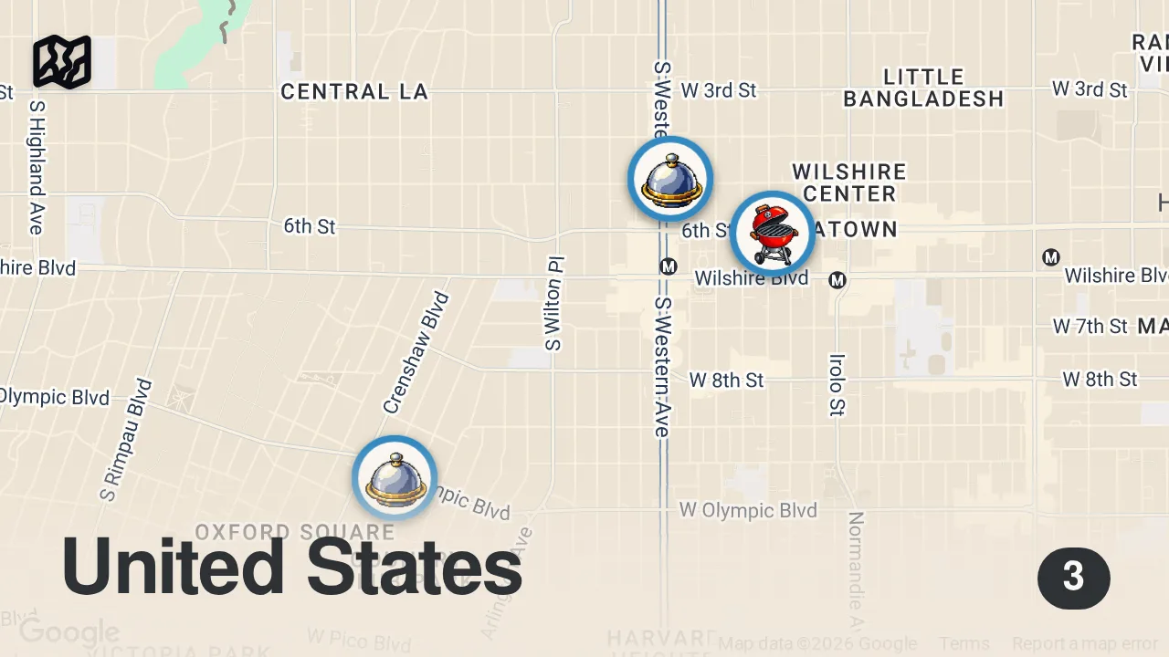 Map of 3 spots from Korean Food Tour - CORN DOG CHEESE PULL + Korean BBQ in Koreatown, LA!! [Part 2]
