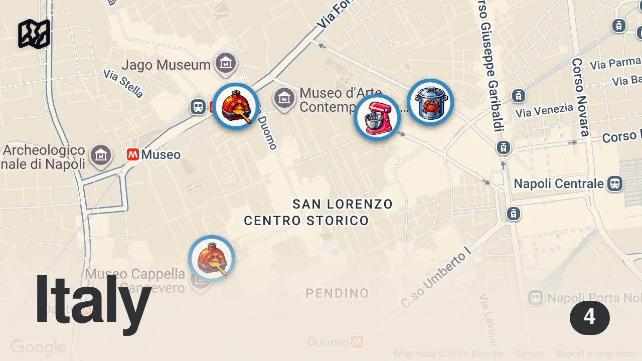 Map of 4 spots from Italian Street Food in Naples!! SEAFOOD SPAGHETTI + Pizza in Naples, Italy!!