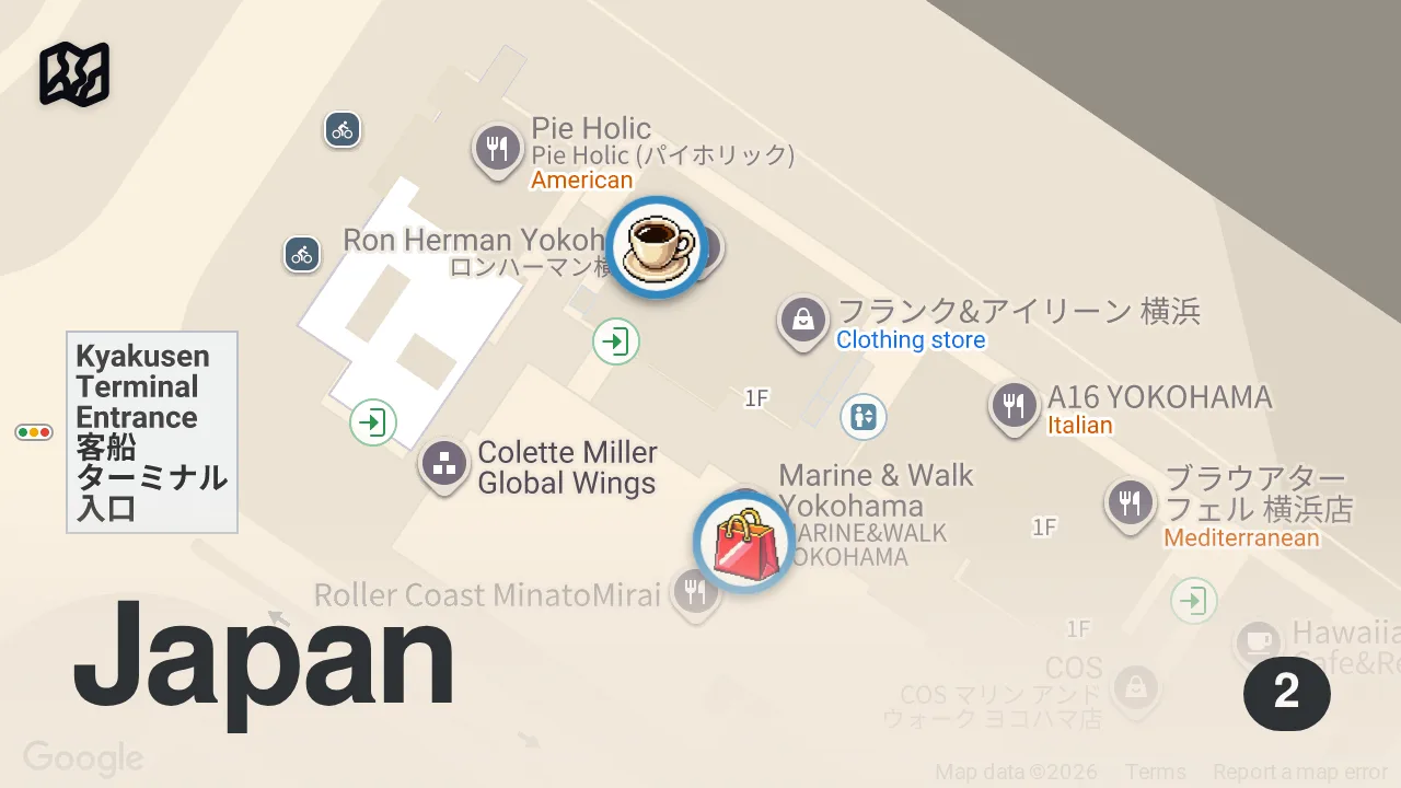 Map of 2 spots from 【みなとみらい】cafe vlog │ パン好き必見!お気に入りのベーカリーカフェ