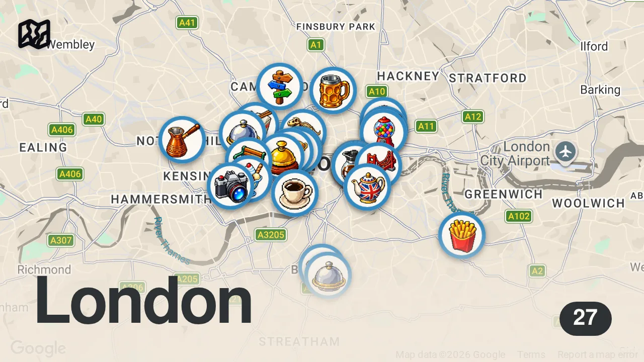 Map of 27 spots from 100hrs Eating My Way Through LONDON | The Ultimate Food & Travel Guide