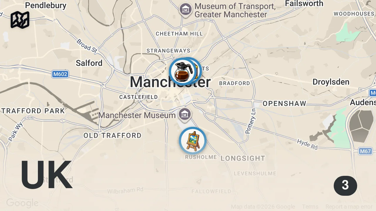 Map of 3 spots from MANCHESTER NORTHERN QUARTER | ENGLAND TRAVEL VLOG #9