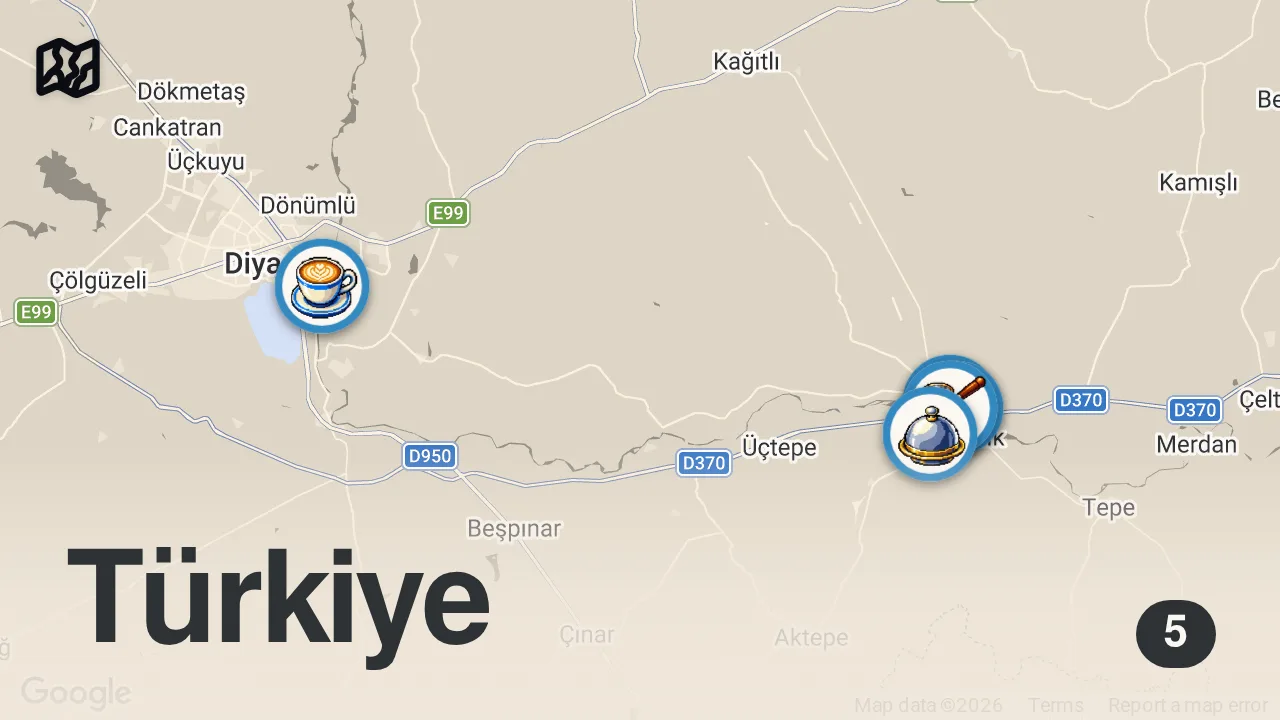 Map of 5 spots from Diyarbakır Bismil’de Mutlaka Denemeniz Gereken Lezzetler! #reklam #video #shortvideo #youtube