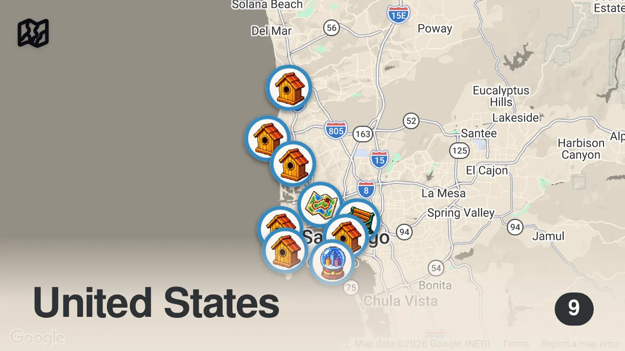 Map of 9 spots from San Diego’s Top 10 Must-See Spots 📸 Stunning Views & Fun Activities!