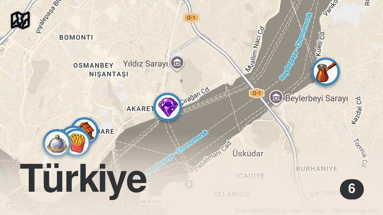 Map of 6 spots from İstanbul Gece Lezzetleri | Döner, Kebap, Ciğer Kavurma, Kelle Paça - Ayaküstü Lezzetler