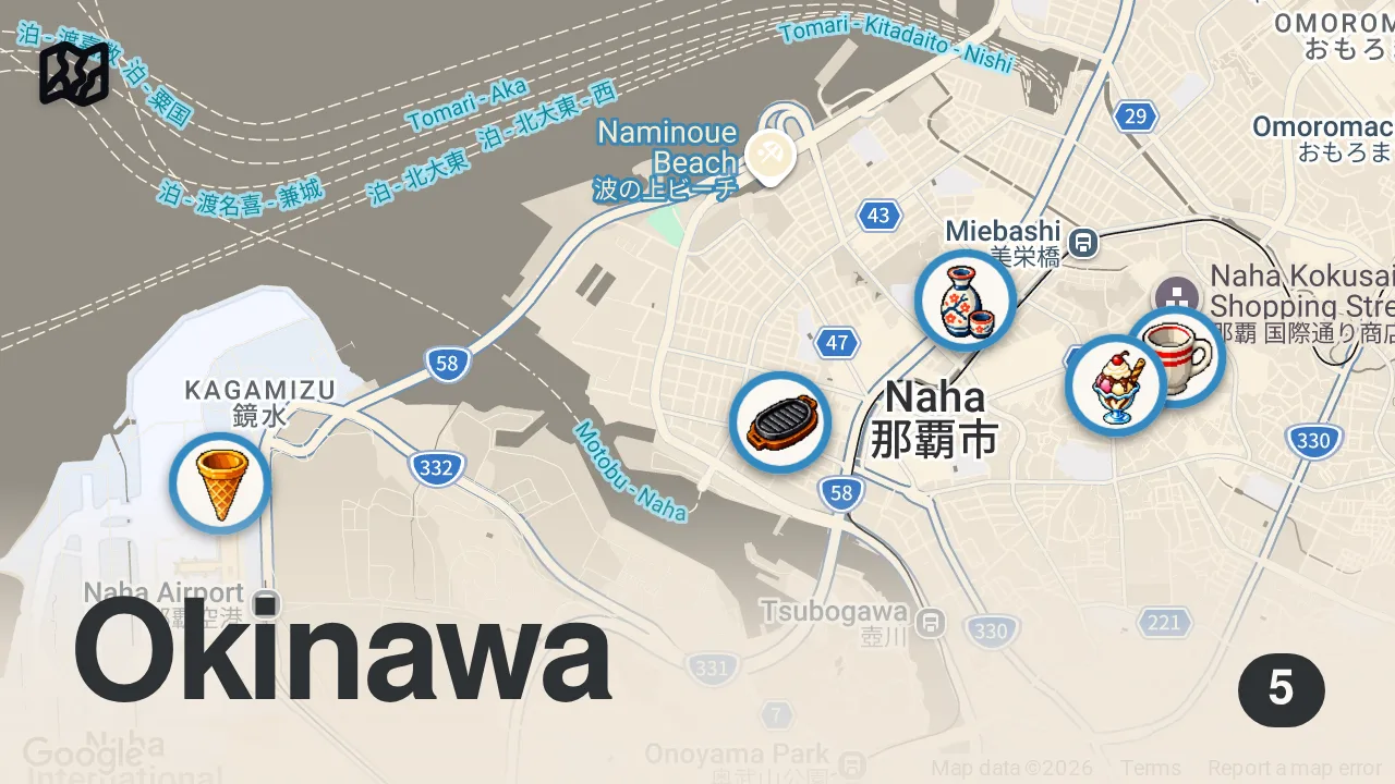 Map of 5 spots from Everything I ate on my first day in Okinawa!🇯🇵