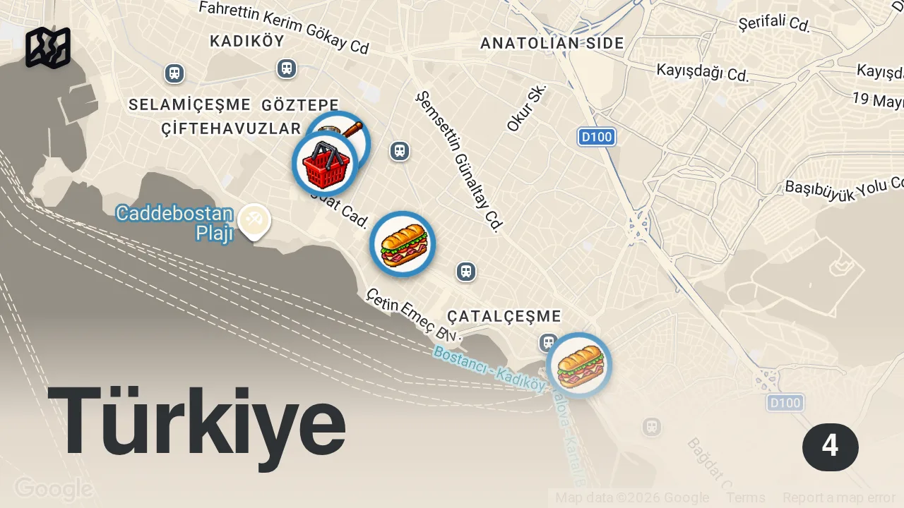 Map of 4 spots from İSTANBUL’UN EN İYİ SANDVİÇLERİ – Anadolu Yakası’nda Mutlaka Denemeniz Gereken 4 Durak