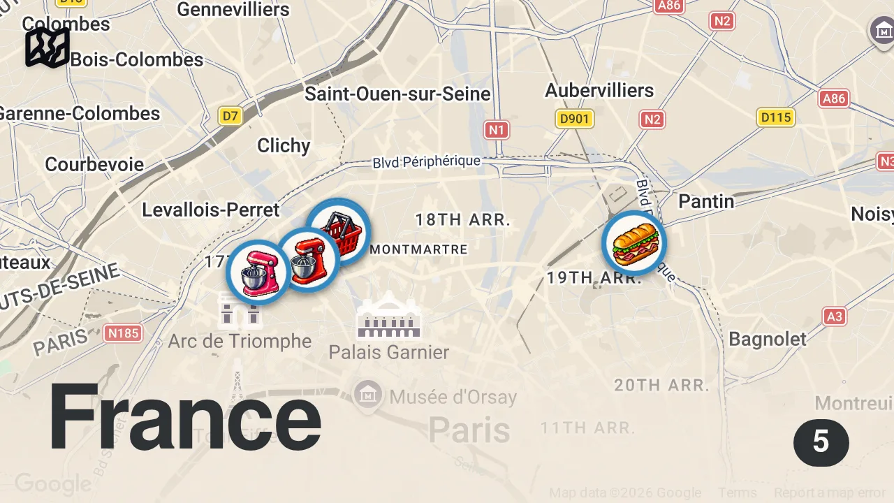 Map of 5 spots from French Food Tour in PARIS, FRANCE (by a Local)!