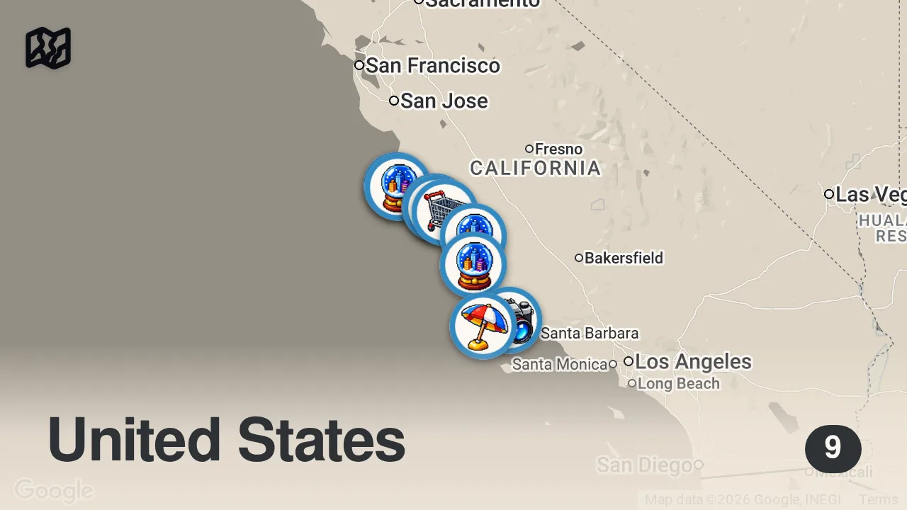 Map of 9 spots from The Secret Military Road to Big Sur | California Motorcycle Road Trip (Day 4)