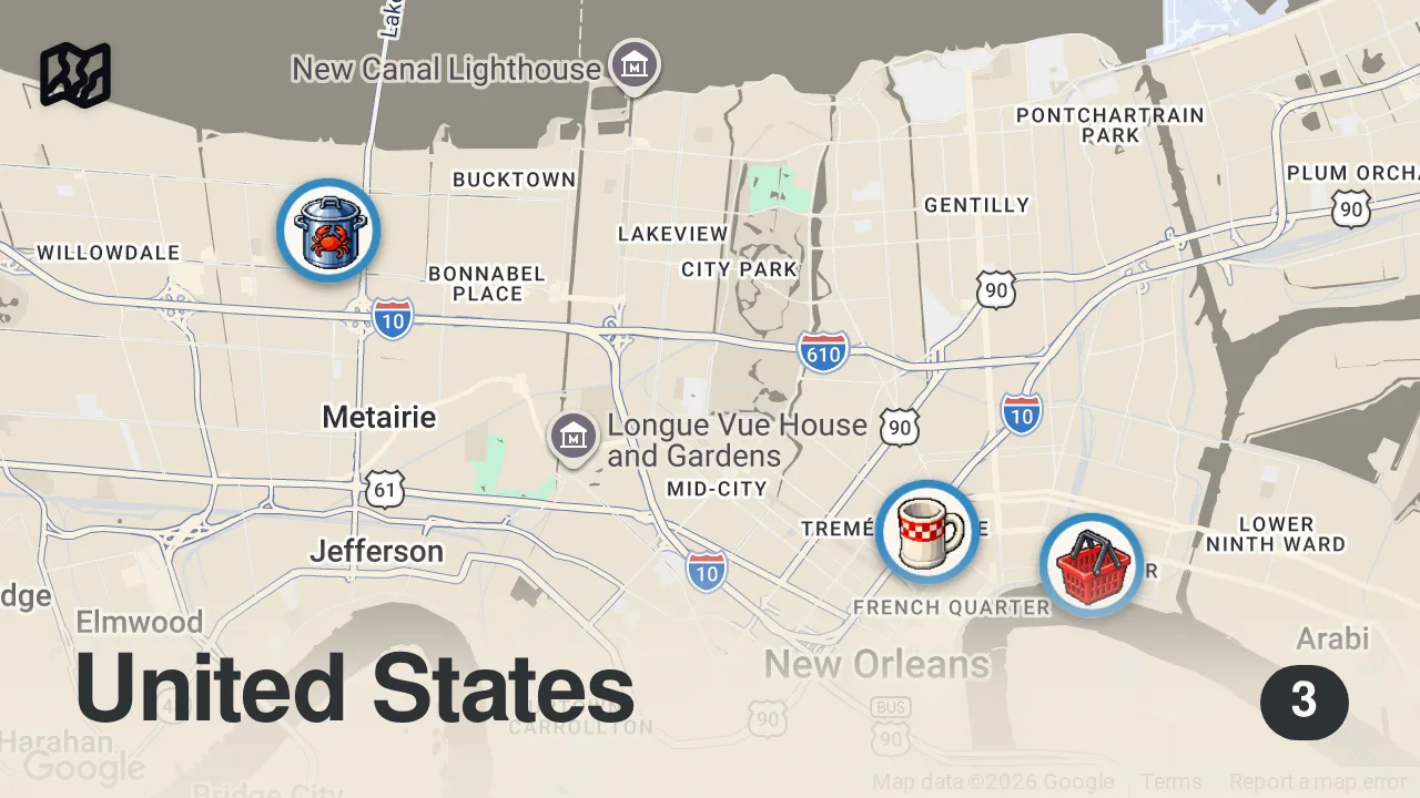 Map of 3 spots from 36 Giant Oysters - INSANE FIRE BUTTER BATH!! 🔥🦪 Best Food in New Orleans!!
