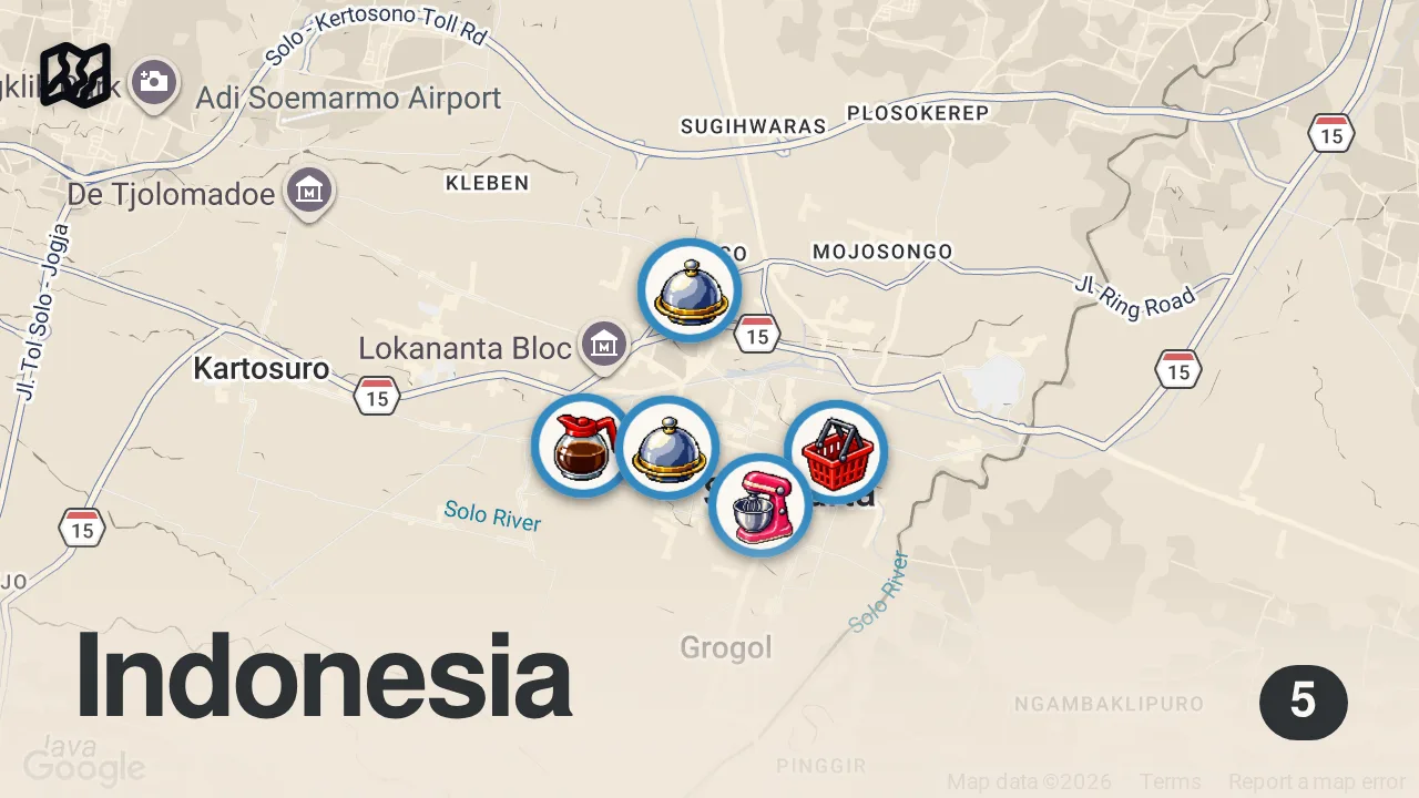 Map of 5 spots from SURAKARTA Best Food Guide - 9 dishes to try in SOLO, Indonesia