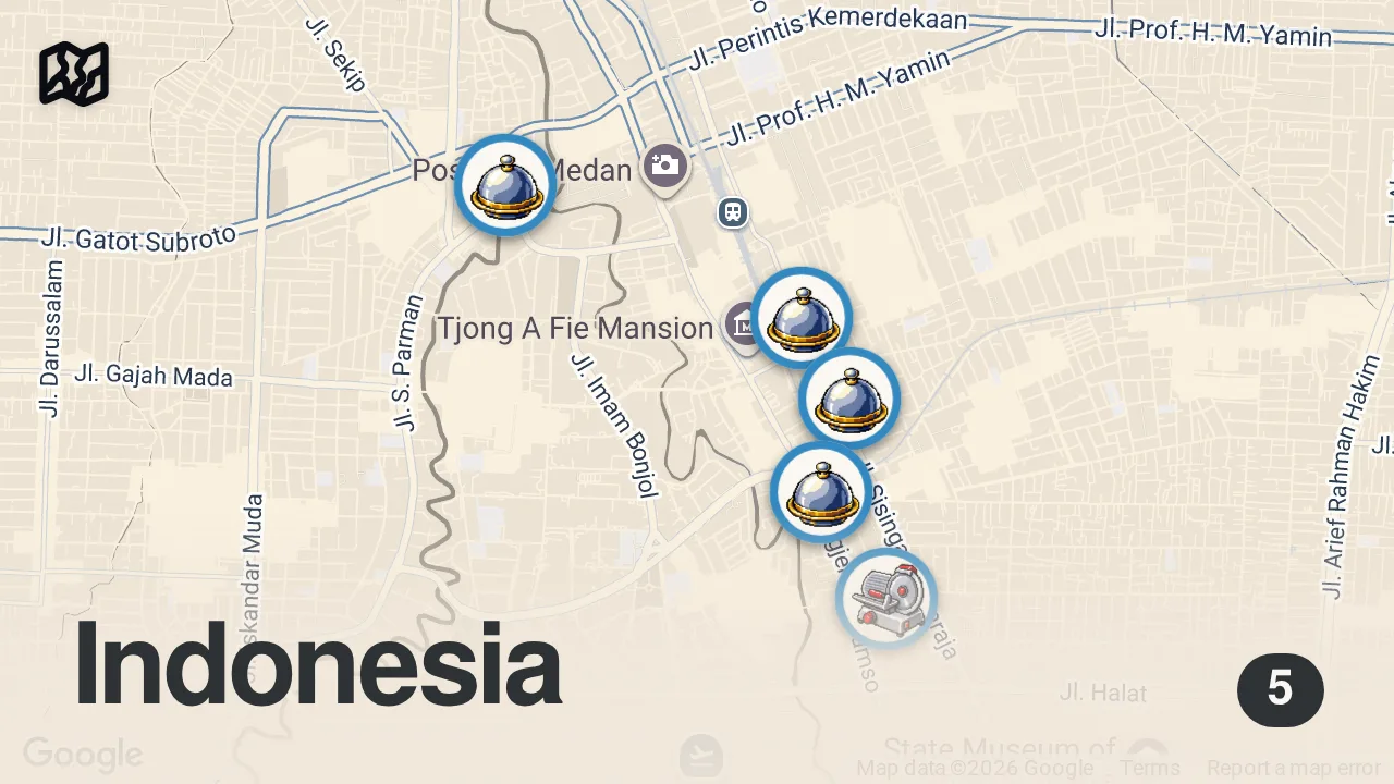 Map of 5 spots from Medan HALAL FOOD - 6 dishes you can't miss! Indonesian street food in MEDAN, Indonesia