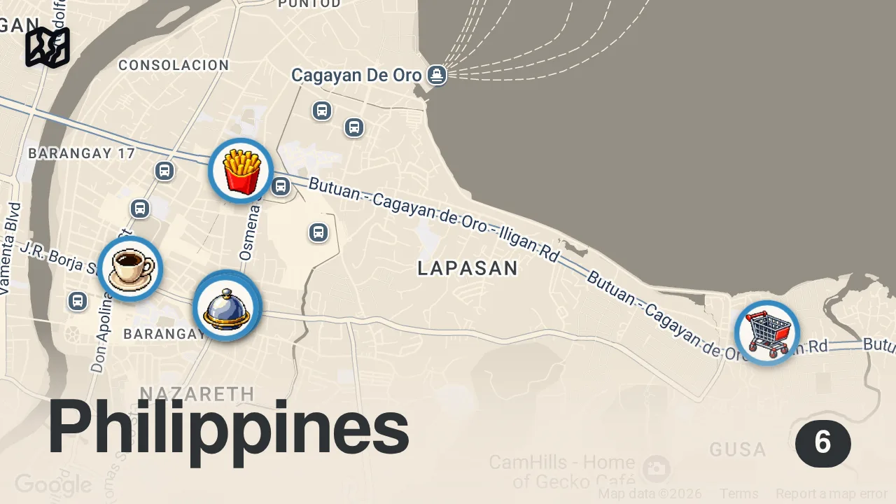 Map of 6 spots from Philippines Street Food!! 14 Hour FILIPINO STREET FOOD Tour in Cagayan de Oro (CDO)!! 🇵🇭