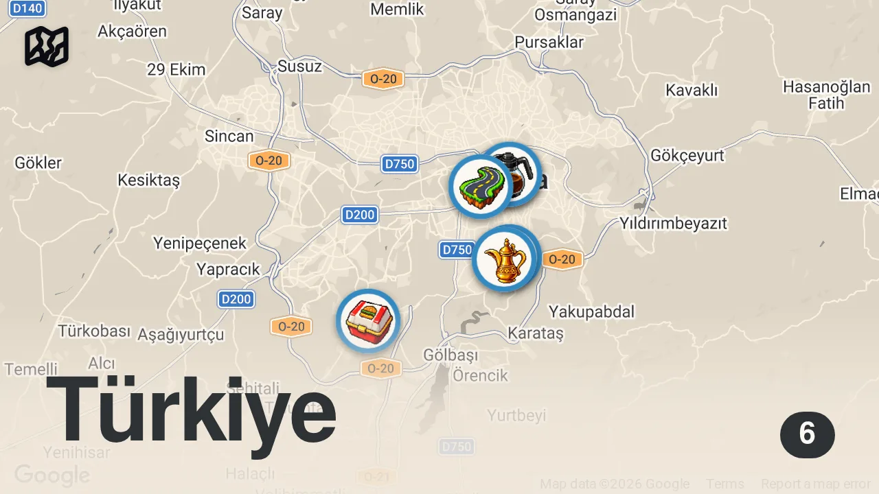Map of 6 spots from Ankara Vlog | Ankara Döneri, Hamburger, Ciğer, Lahmacun - Ayaküstü Lezzetler
