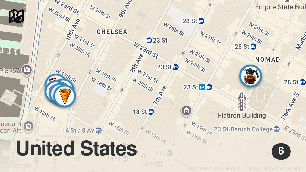 Map of 6 spots from Trying everything at Chelsea Market, NYC!