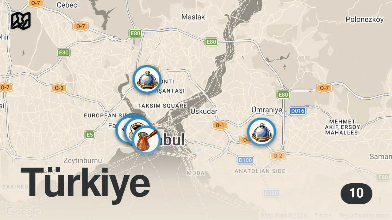 Map of 10 spots from İSTANBUL FATİH’TE 1 GÜNDE DÜNYALARI YEDİK!!! @EfeUygaçYoutube