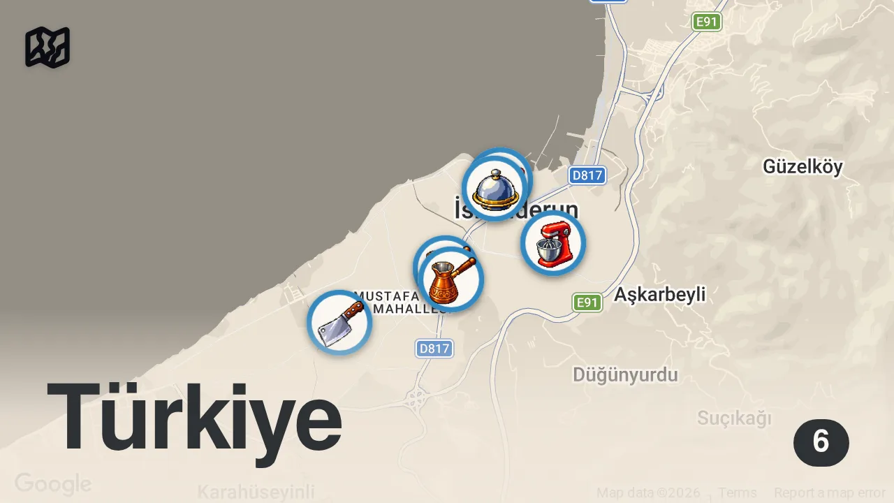 Map of 6 spots from İSKENDERUN’DA 1 GÜNDE NE YENİR | HATAY SANDIK İÇİ İLE BÜYÜK BULUŞMA @reklam