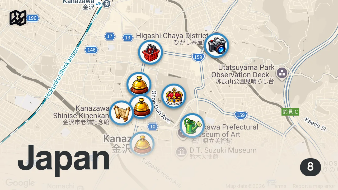 Map of 8 spots from KANAZAWA, JAPAN (2026) | Top Things To Do In Kanazawa (For A One Day Visit)