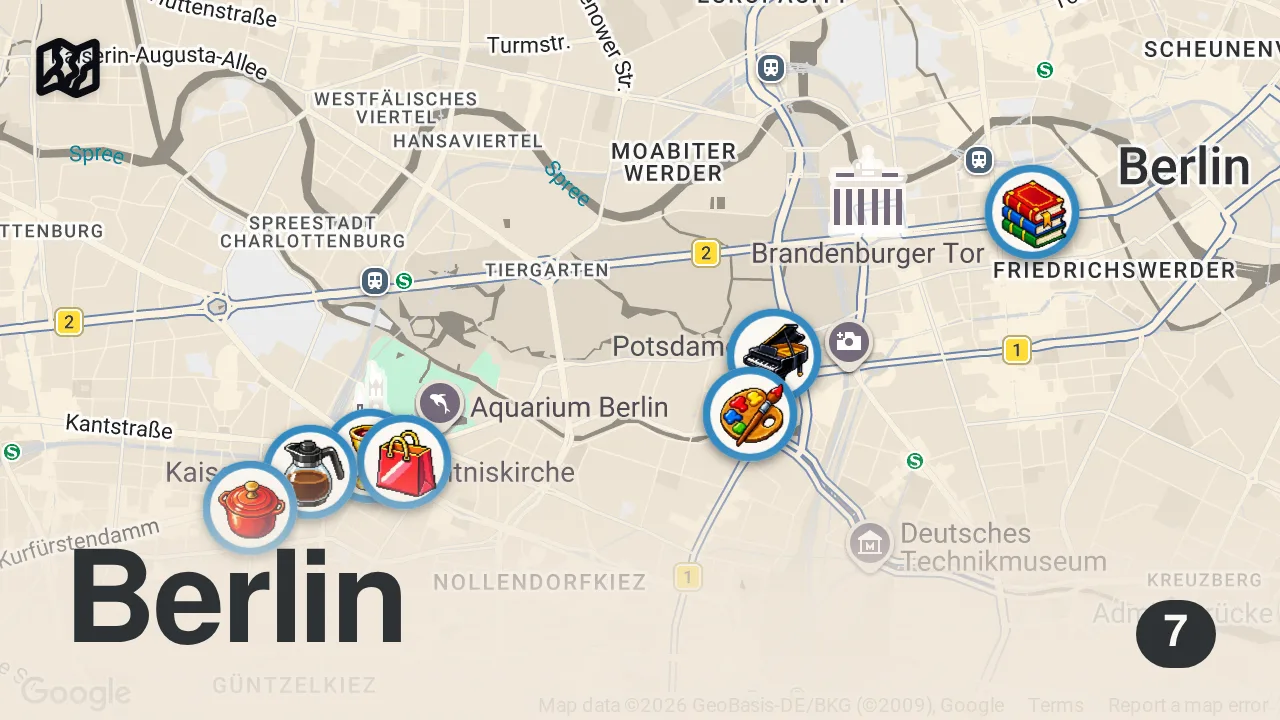 Map of 7 spots from I Followed a 1982 West Berlin Guidebook Through West Berlin’s Historic Center
