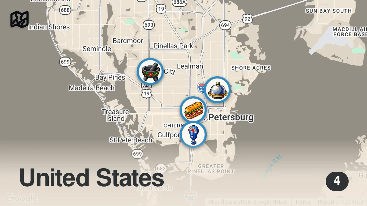Map of 4 spots from Eating at VIRAL Restaurants For 24 Hours (St. Petersburg, FL)