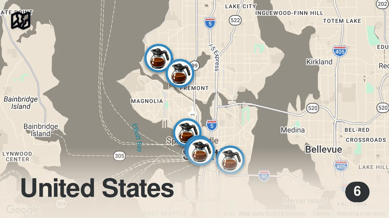 Map of 6 spots from Top 5 Must-Visit Coffee Shops in Seattle | Best Cafés in the Coffee Capital