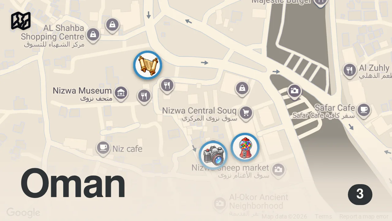Map of 3 spots from Best $1 STREET FOOD in Oman!! Middle Eastern Food Tour in Nizwa!!