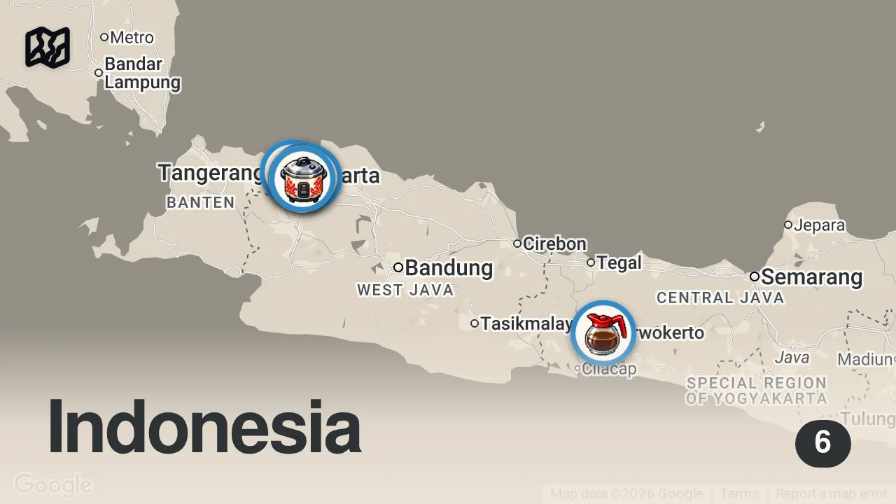Map of 6 spots from 40 MUST TRY Indonesian Foods in Jakarta - BAKSO + MARTABAK + NOODLES - Jakarta street food guide