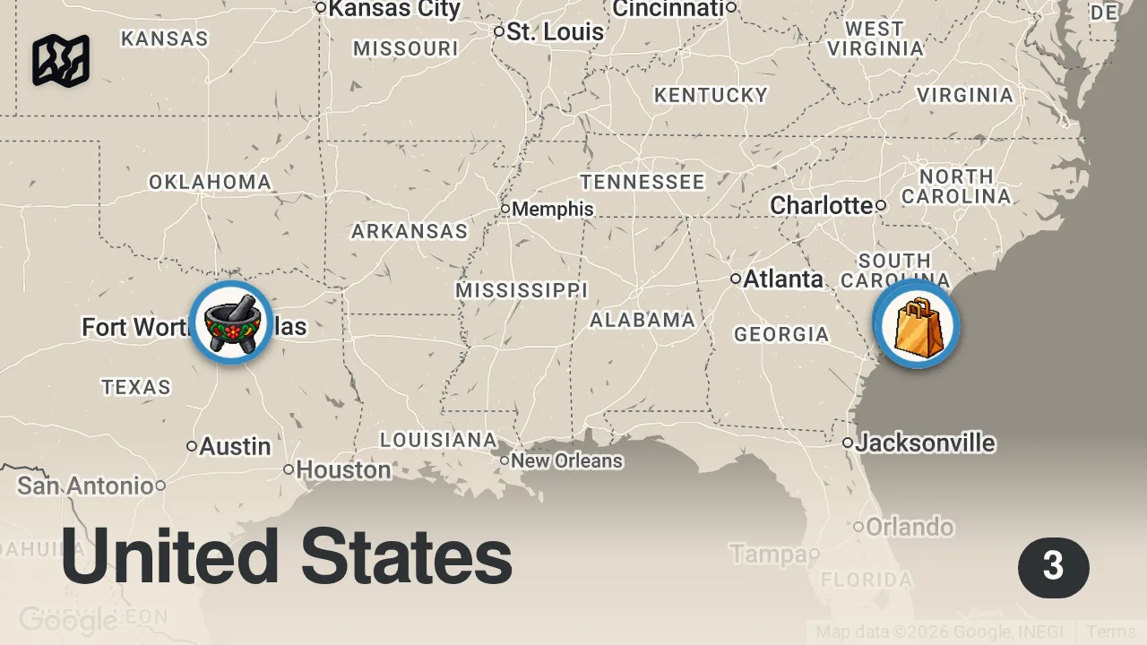 Map of 3 spots from I Ate Supermarket Restaurants For 24 Hours... (South Carolina)