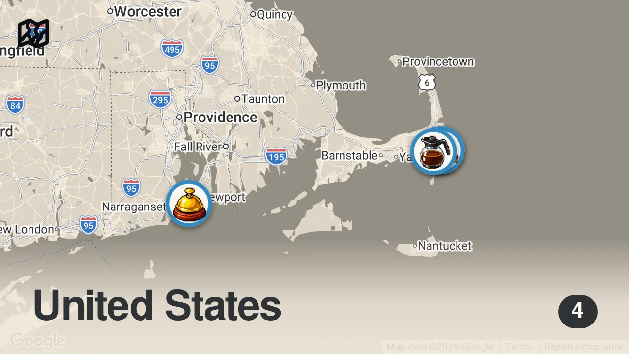 Map of 4 spots from Full day eating in CAPE COD! Lobster pizza, homemade biscuit and jam, fried clam basket