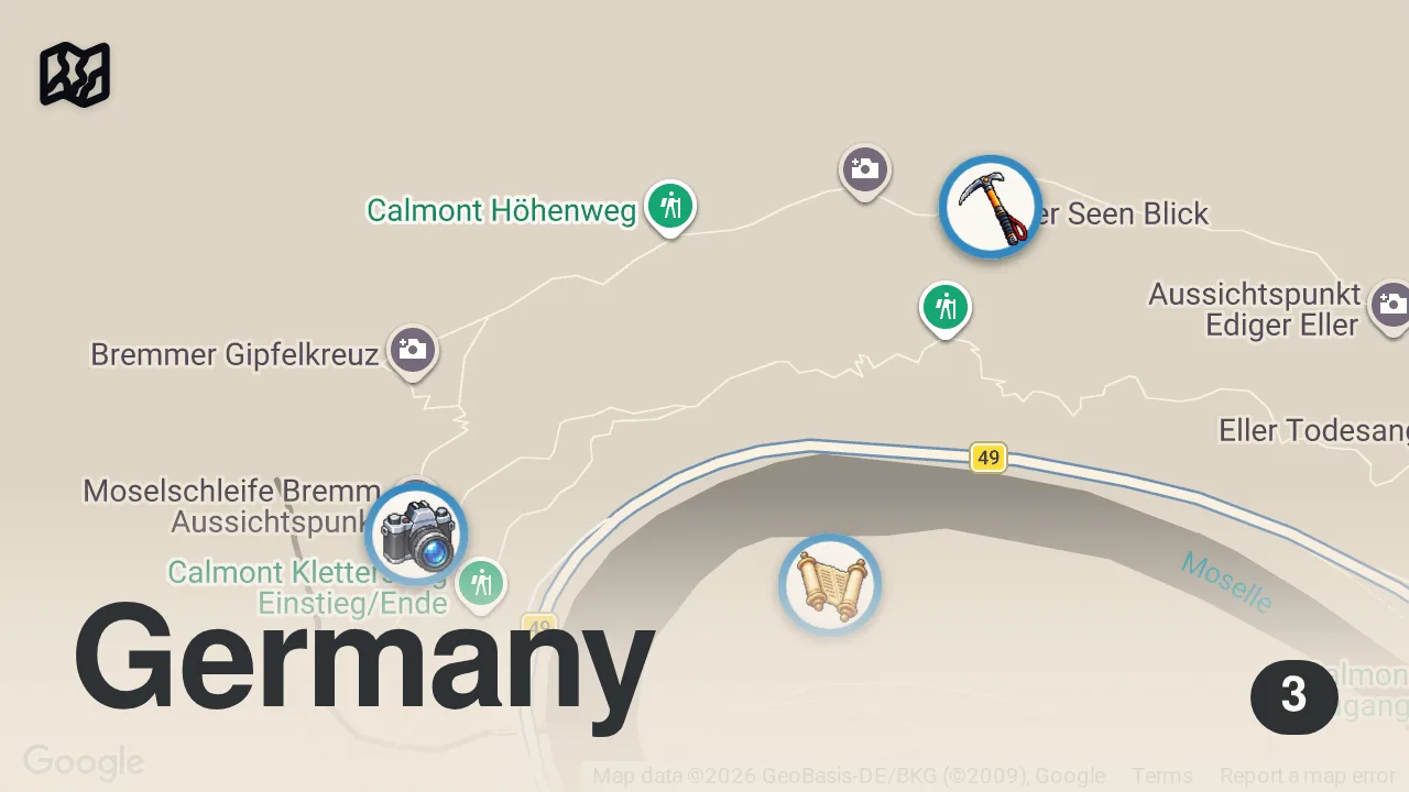 Map of 3 spots from Deutschlands steilster Wanderweg: Calmont-Klettersteig an der Mosel