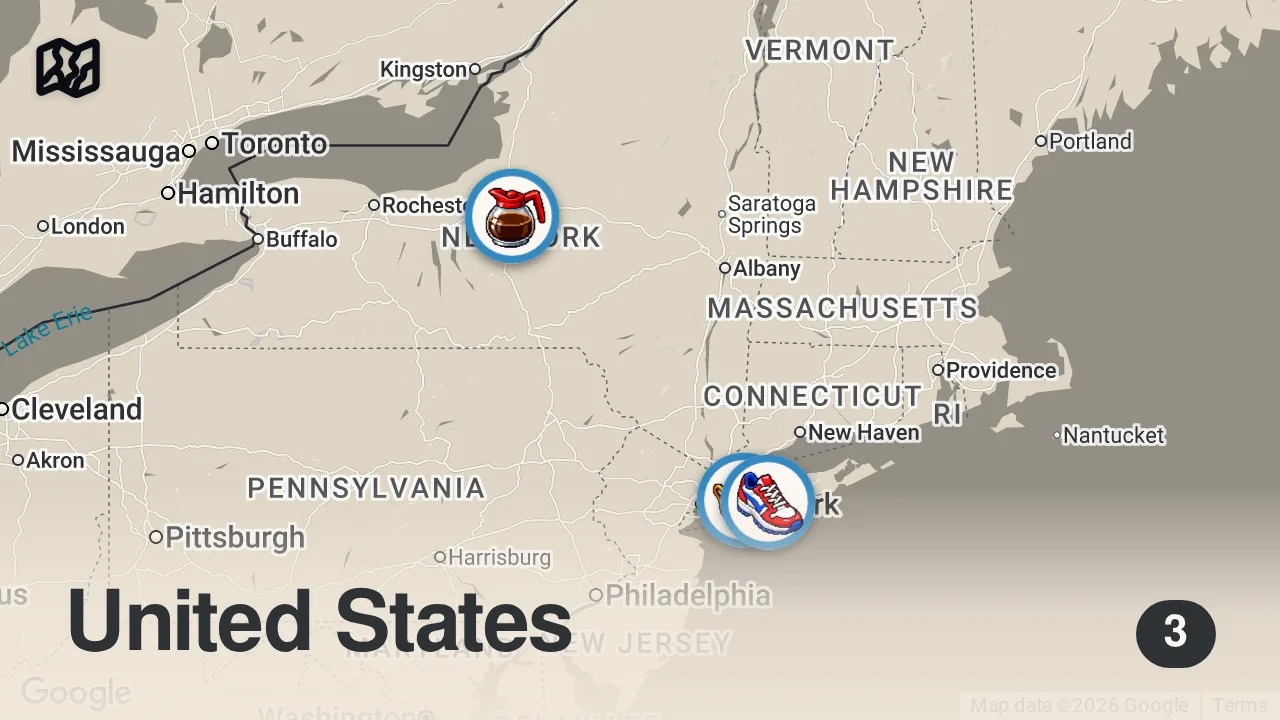 Map of 3 spots from New York Food Challenges | Man v. Food | Travel Channel