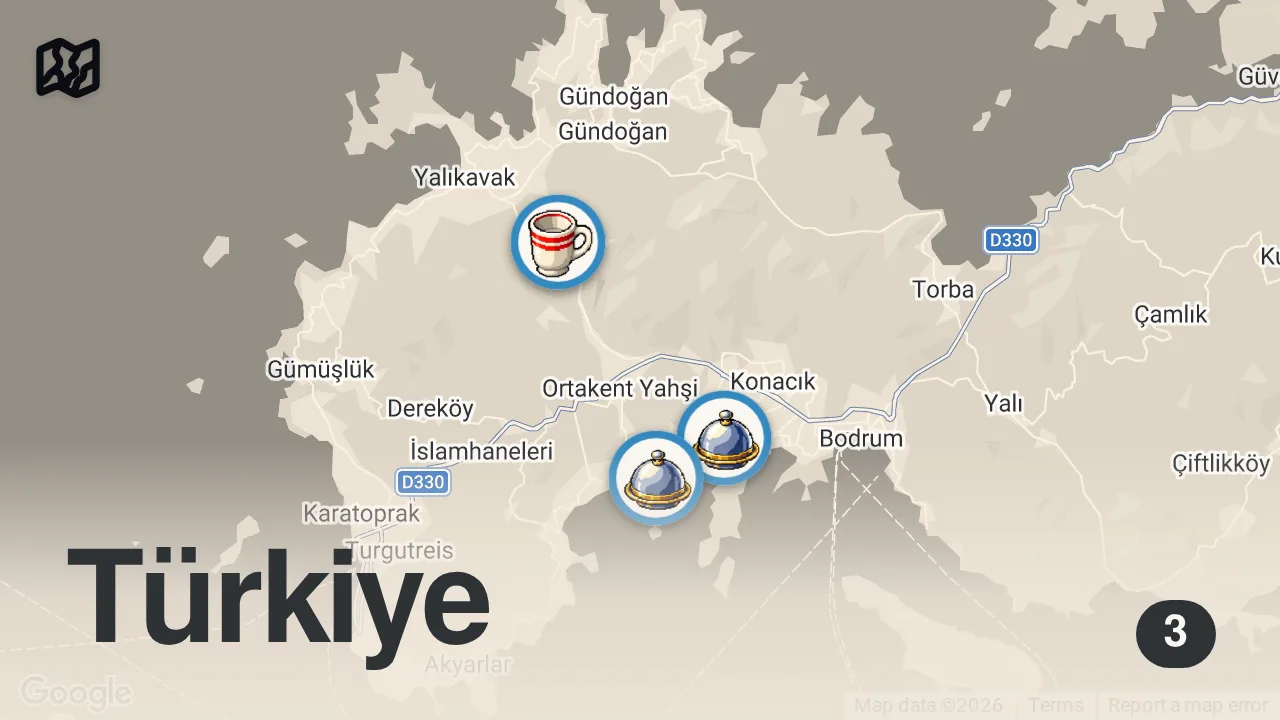 Map of 3 spots from BODRUM'DA LEZZET KEŞFİ - Hesaplar Senden Bölüm 16 - Ayaküstü Lezzetler