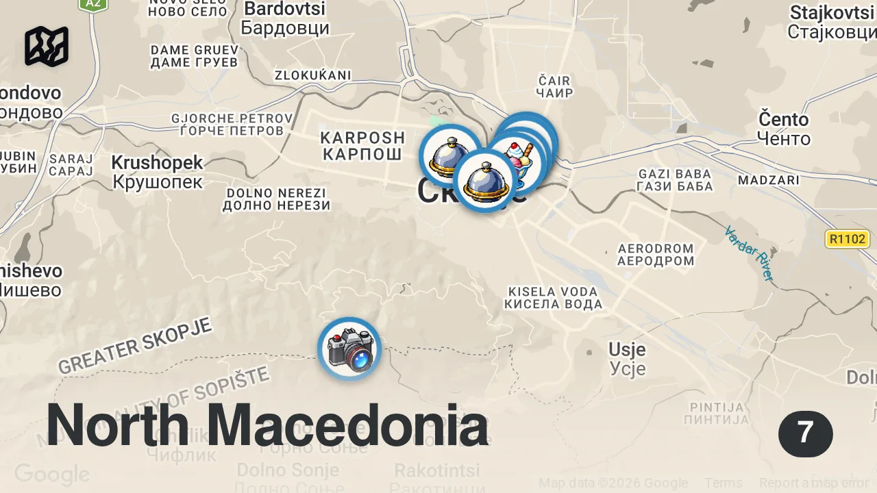 Map of 7 spots from 24 Hour MACEDONIAN FOOD in SKOPJE 🇲🇰 Tavče gravče + Pastrmajlija + Kebabs + Old Town Skopje