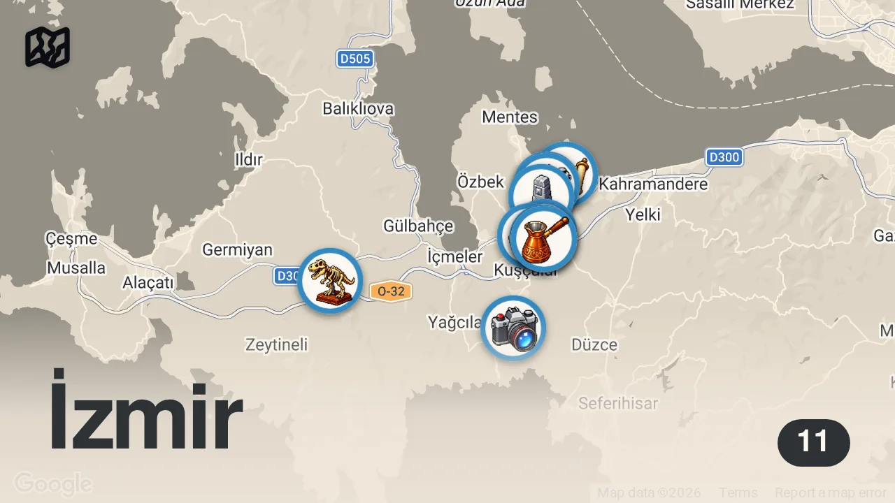 Map of 11 spots from Bambaşka Bir Urla - Urla Gezi Rehberi